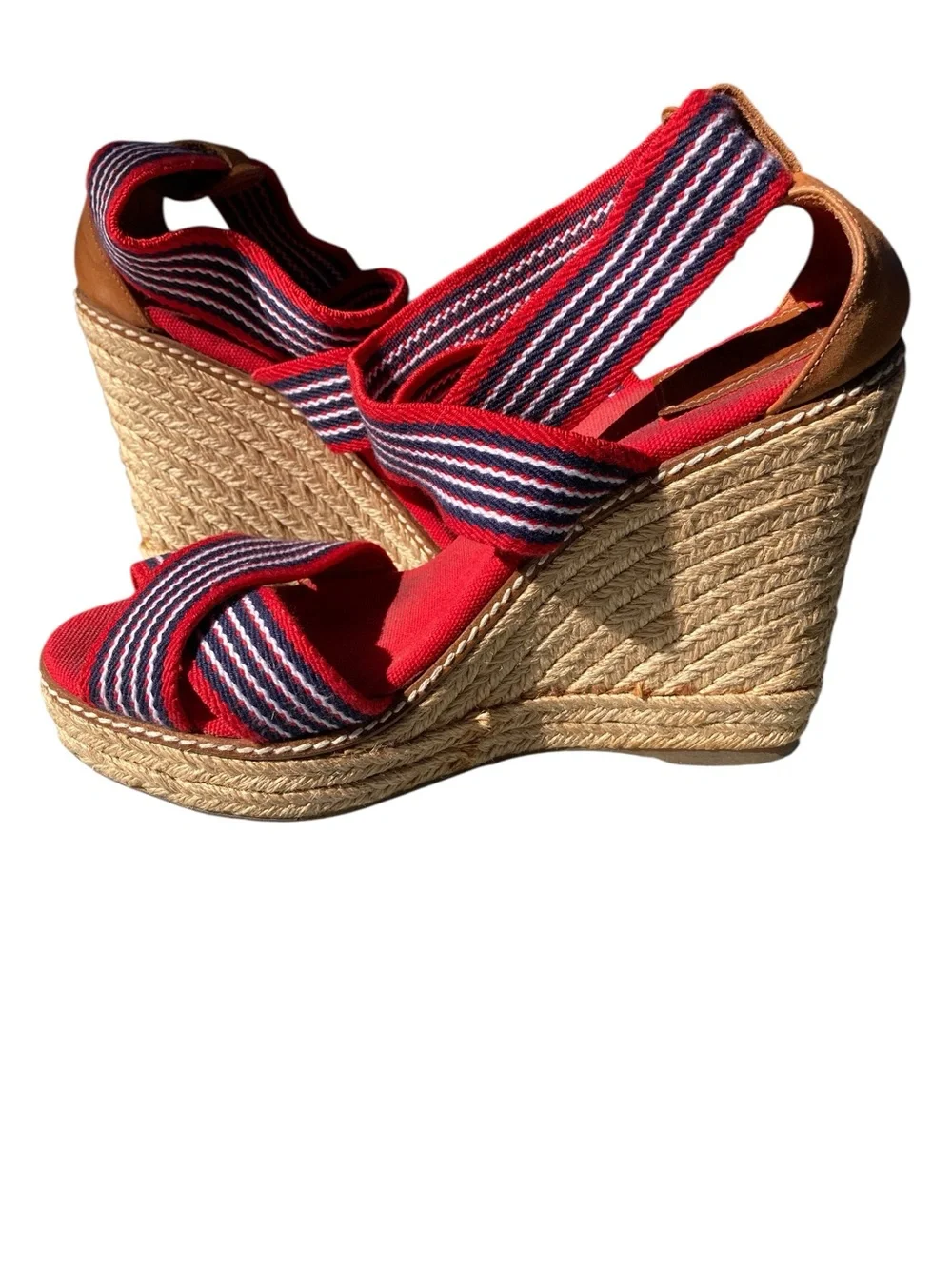 Tory Burch Red Navy Striped Espadrille Wedge Sandals Size 8 Canvas